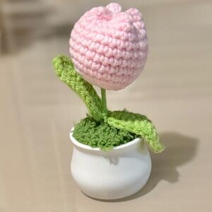 Crochet Pink Tulip in White Pot - Home Accent